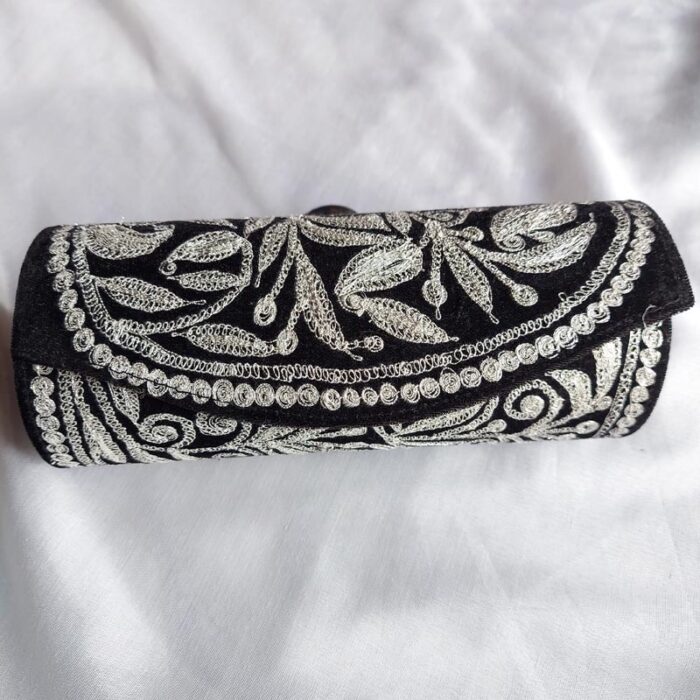 Black Velvet Tilla Clutch With Silver Embroidery