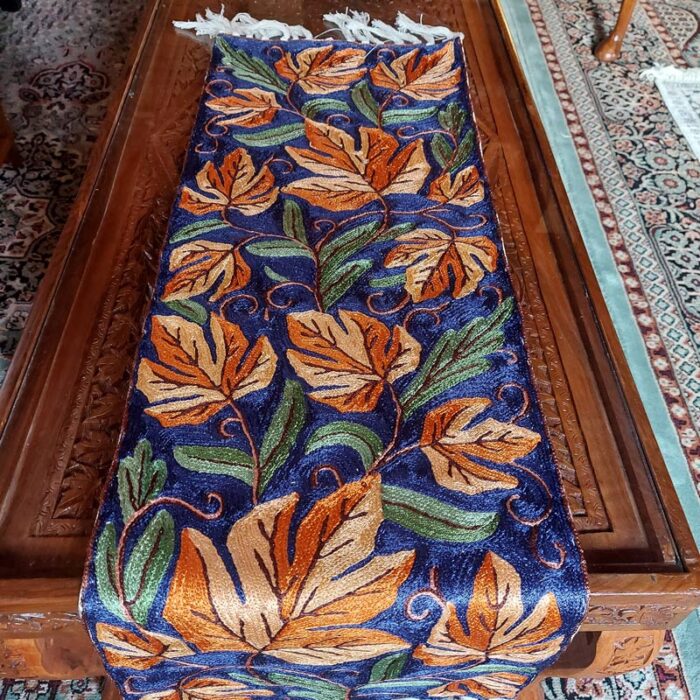 3×1 Blue Chinari Chainstitch Silk Handmade Runner - Image 2