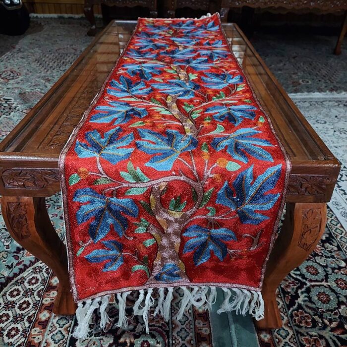 4×1 Red Blue Chainstitch Silk Handmade Runner