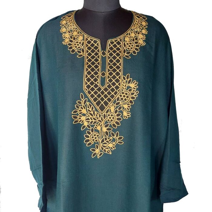 5XL Dark Green Kashmiri Summer Kurta with Fine Aari Work