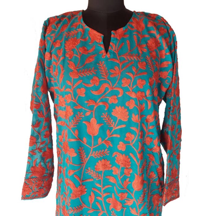 Green Aari Embroidered Georgette Kurta for Ladies