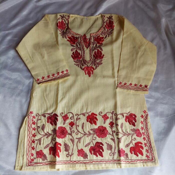 Light Yellow Aari Work Kids Crush Cotton Kurta With Trousers (L 22) - Image 2