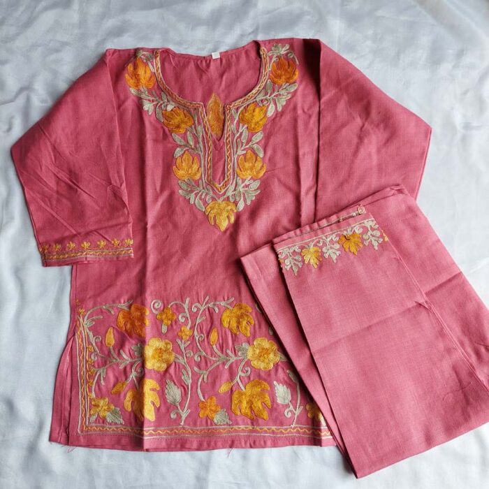 Pink Aari Work Kids Summer Cool Cotton Kurta With Trousers (L 20.5)