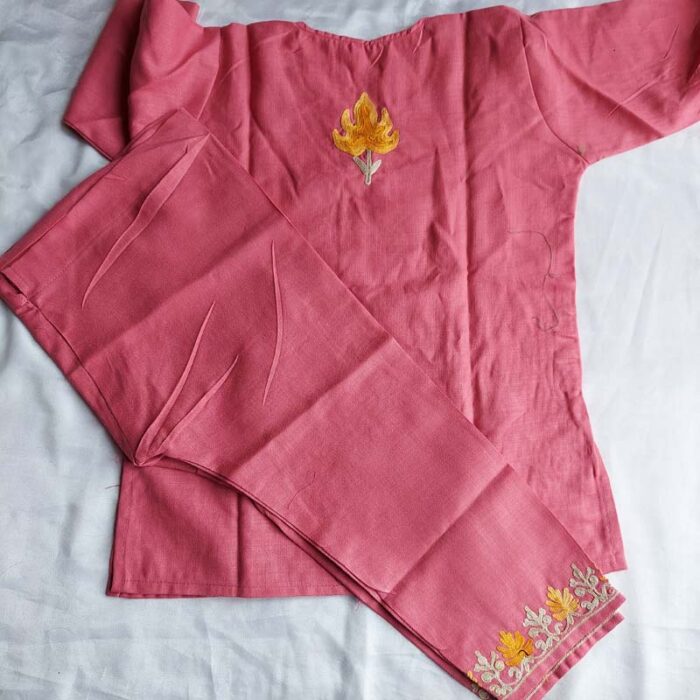 Pink Aari Work Kids Summer Cool Cotton Kurta With Trousers (L 20.5) - Image 4