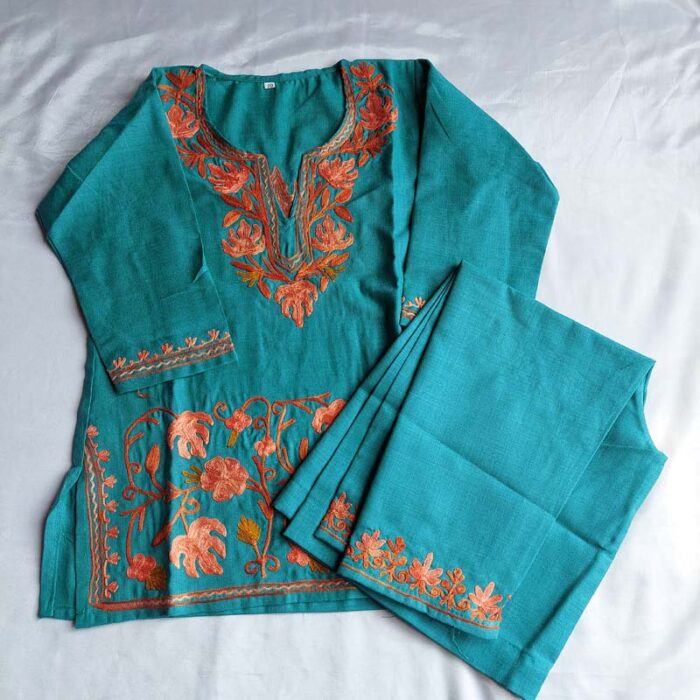Green Aari Work Kids Summer Cool Cotton Kurta With Trousers (L 21)