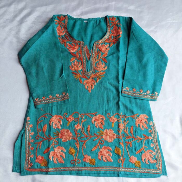 Green Aari Work Kids Summer Cool Cotton Kurta With Trousers (L 21) - Image 3