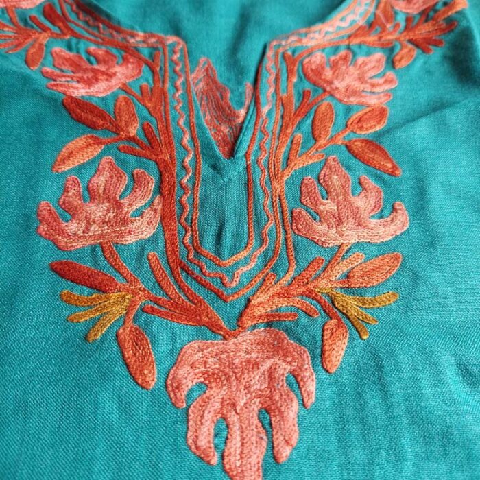 Green Aari Work Kids Summer Cool Cotton Kurta With Trousers (L 21) - Image 4