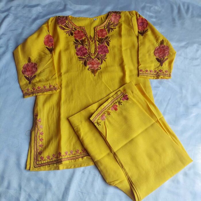 Yellow Aari Work Kids Summer Cool Cotton Kurta With Trousers (L 20)