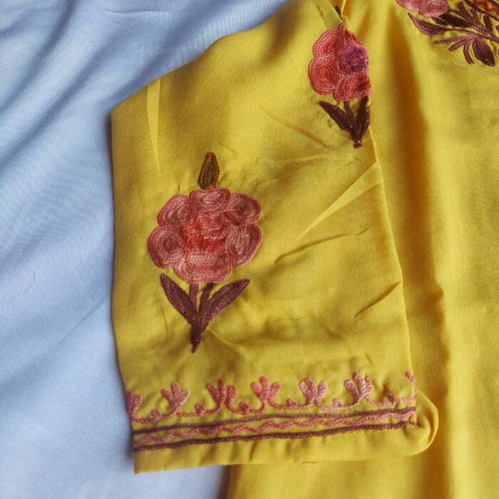 Yellow Aari Work Kids Summer Cool Cotton Kurta With Trousers (L 20) - Image 3