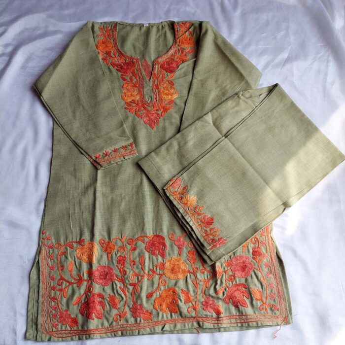 Light Green Aari Work Kids Summer Cool Cotton Kurta With Trousers (L 26.5)