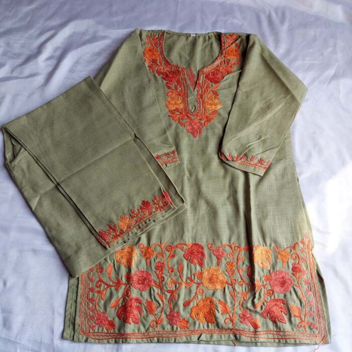 Light Green Aari Work Kids Summer Cool Cotton Kurta With Trousers (L 26.5) - Image 4