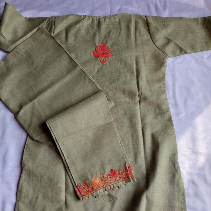 Light Green Aari Work Kids Summer Cool Cotton Kurta With Trousers (L 26.5) - Image 3