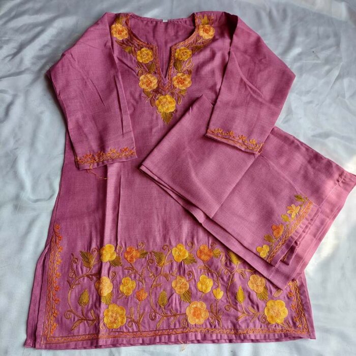 Purple Aari Work Kids Summer Cool Cotton Kurta With Trousers (L 27)