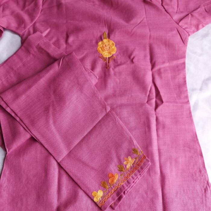 Purple Aari Work Kids Summer Cool Cotton Kurta With Trousers (L 27) - Image 4