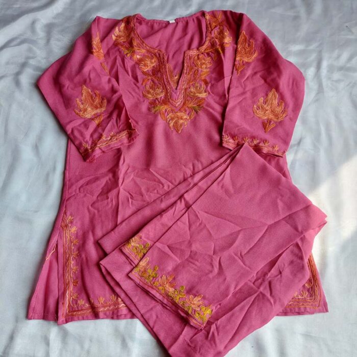 Dark Pink Aari Work Kids Summer Cool Cotton Kurta With Trousers (L 23)