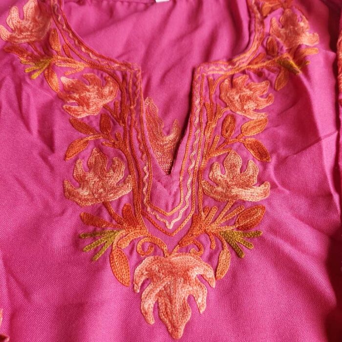 Dark Pink Aari Work Kids Summer Cool Cotton Kurta With Trousers (L 23) - Image 2
