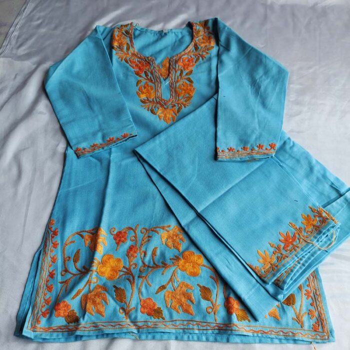 Light Ferozi Aari Work Kids Summer Cool Cotton Kurta With Trousers (L 26.5)