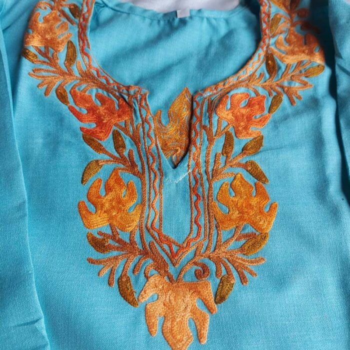 Light Ferozi Aari Work Kids Summer Cool Cotton Kurta With Trousers (L 26.5) - Image 2