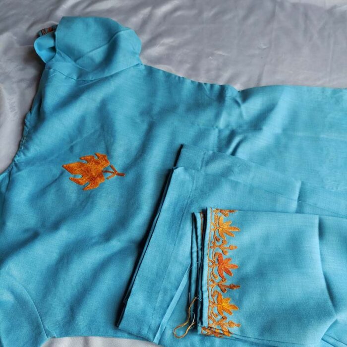 Light Ferozi Aari Work Kids Summer Cool Cotton Kurta With Trousers (L 26.5) - Image 4