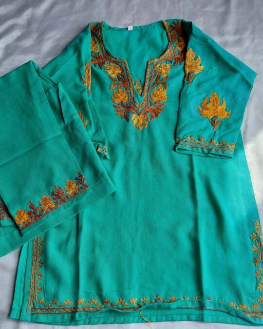 Light Green Aari Work Kids Summer Cool Cotton Kurta With Trousers (4-5 y)