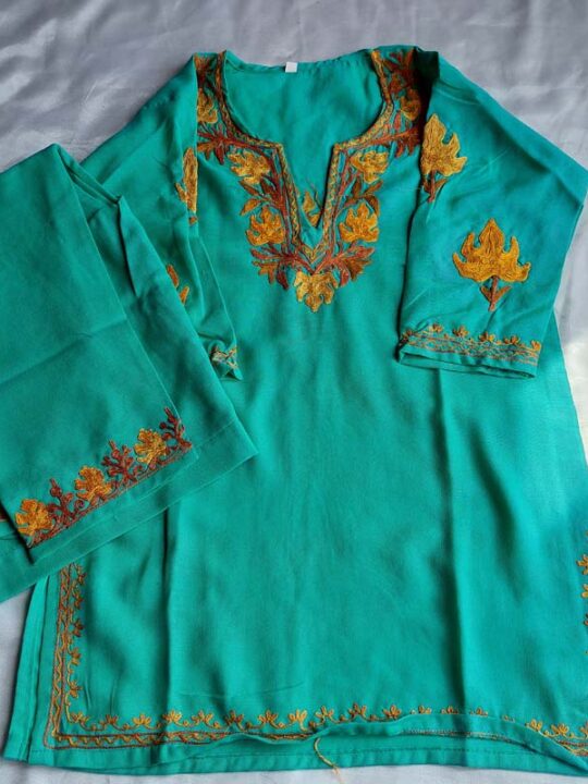 Light Green Aari Work Kids Summer Cool Cotton Kurta With Trousers (4-5 y)