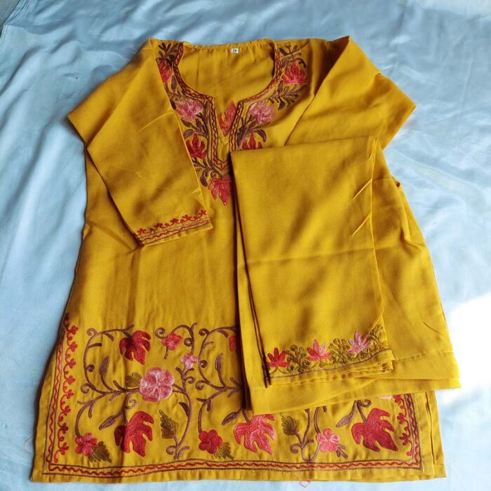 Mustard Aari Work Kids Summer Cool Cotton Kurta With Trousers (L 24.5)