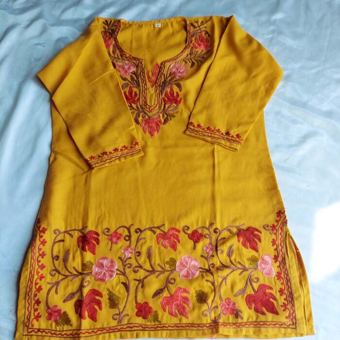 Mustard Aari Work Kids Summer Cool Cotton Kurta With Trousers (L 24.5) - Image 2