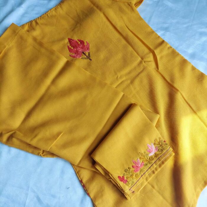 Mustard Aari Work Kids Summer Cool Cotton Kurta With Trousers (L 24.5) - Image 3