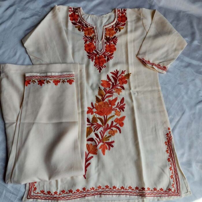 White Aari Work Kids Summer Cool Cotton Kurta With Trousers (L 27)