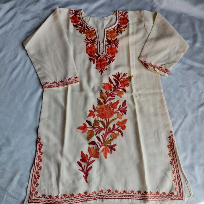 White Aari Work Kids Summer Cool Cotton Kurta With Trousers (L 27) - Image 3