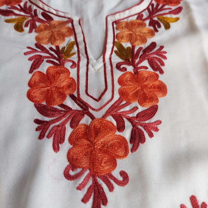 White Aari Work Kids Summer Cool Cotton Kurta With Trousers (L 27) - Image 2