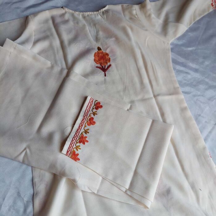 White Aari Work Kids Summer Cool Cotton Kurta With Trousers (L 27) - Image 4
