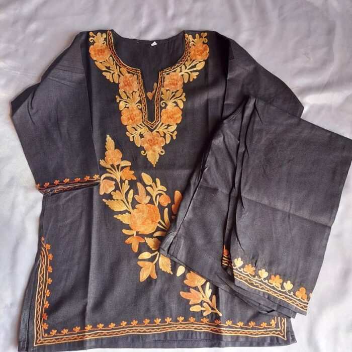 Black Aari Work Kids Summer Cool Cotton Kurta With Trousers (L 23)