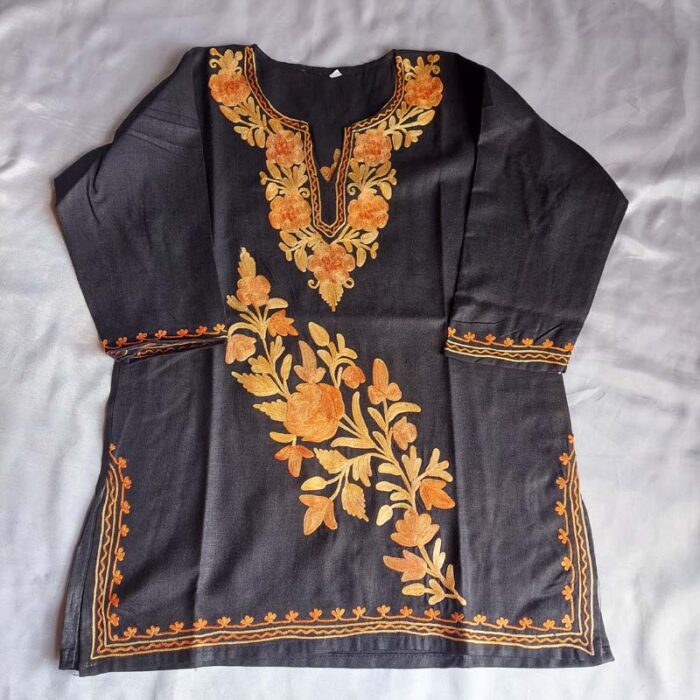 Black Aari Work Kids Summer Cool Cotton Kurta With Trousers (L 23) - Image 2