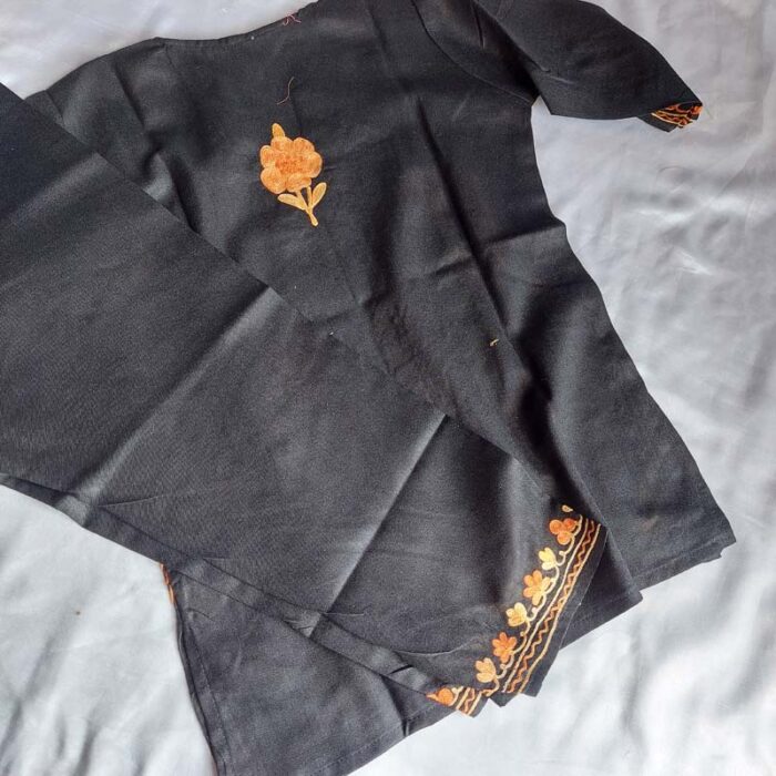 Black Aari Work Kids Summer Cool Cotton Kurta With Trousers (L 23) - Image 3