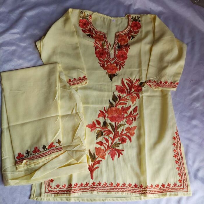 Light Yellow Aari Work Kids Summer Cool Cotton Kurta With Trousers (L 25)