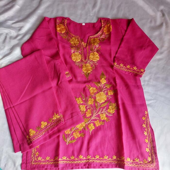 Dark Pink Aari Work Kids Summer Cool Cotton Kurta With Trousers (L 23)