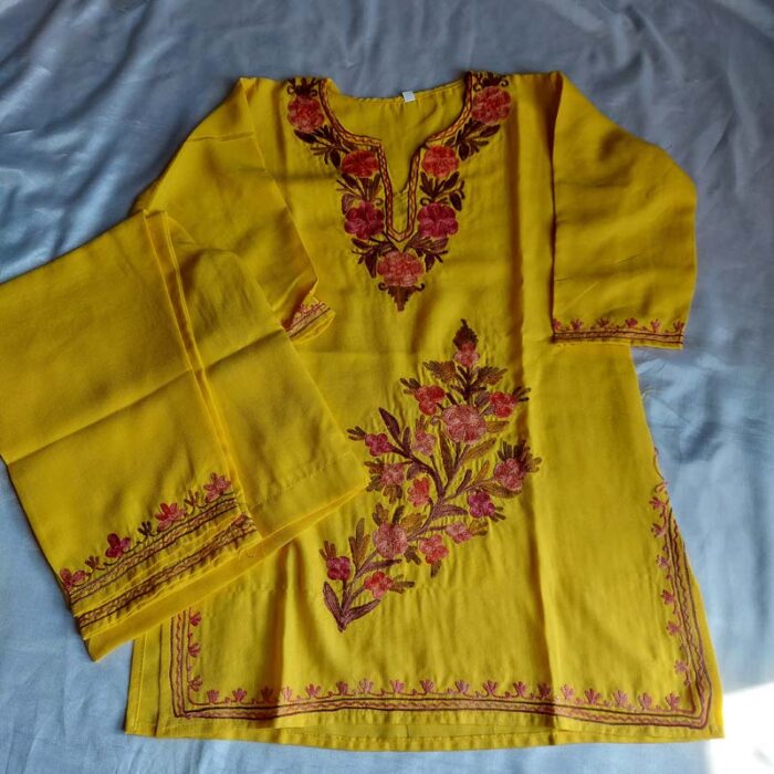 Yellow Aari Work Kids Summer Cool Cotton Kurta With Trousers (L 24)