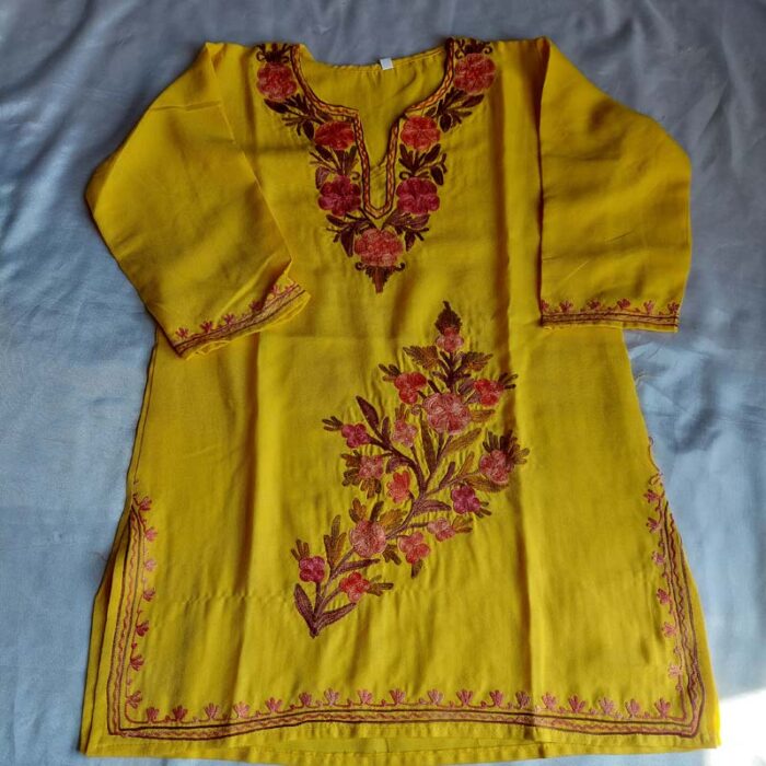 Yellow Aari Work Kids Summer Cool Cotton Kurta With Trousers (L 24) - Image 2