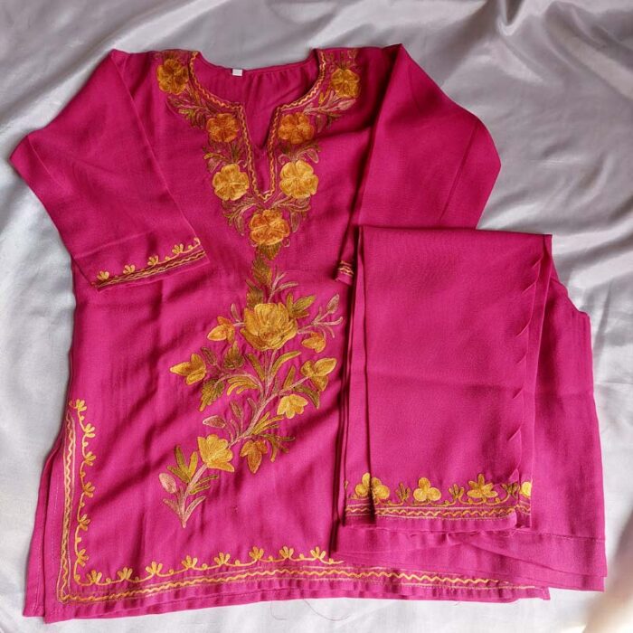 Pink Aari Work Kids Summer Cool Cotton Kurta With Trousers (L 23)