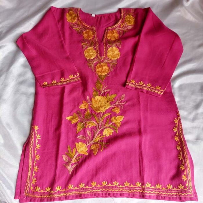 Pink Aari Work Kids Summer Cool Cotton Kurta With Trousers (L 23) - Image 2