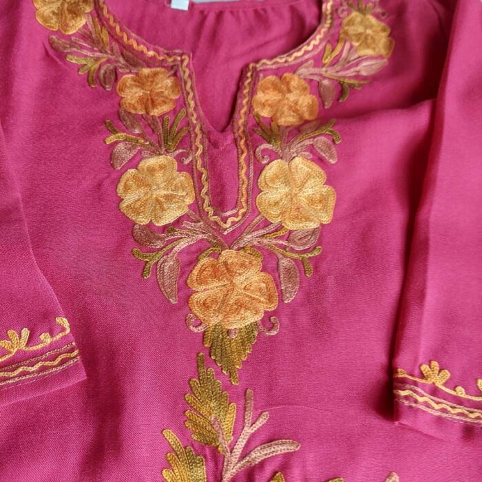 Pink Aari Work Kids Summer Cool Cotton Kurta With Trousers (L 23) - Image 3
