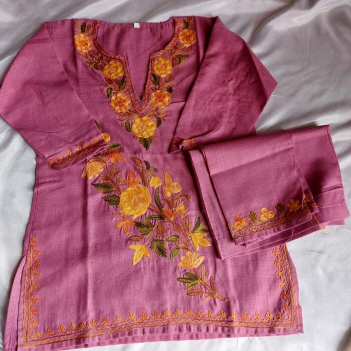 Purple Aari Work Kids Summer Cool Cotton Kurta With Trousers (L 22.5)