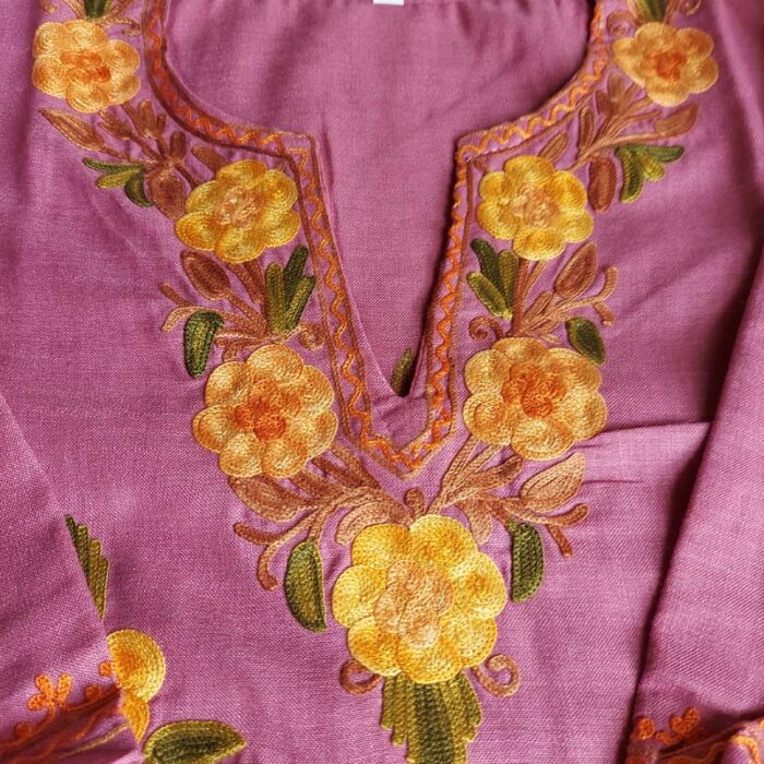 Purple Aari Work Kids Summer Cool Cotton Kurta With Trousers (L 22.5) - Image 2