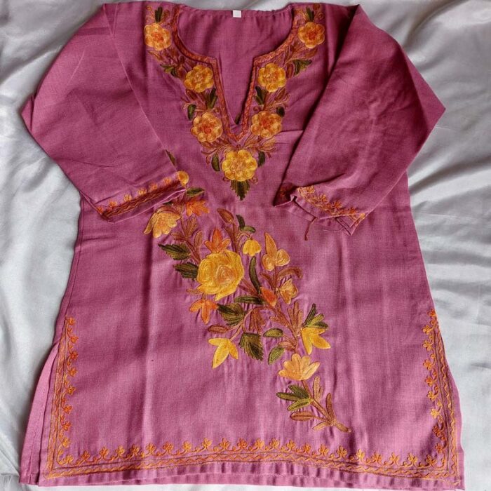 Purple Aari Work Kids Summer Cool Cotton Kurta With Trousers (L 22.5) - Image 3
