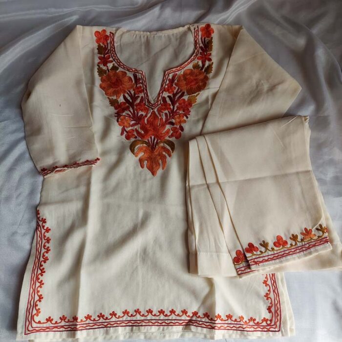 White Aari Work Kids Summer Cool Cotton Kurta With Trousers (L 22)