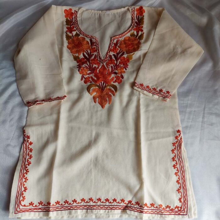 White Aari Work Kids Summer Cool Cotton Kurta With Trousers (L 22) - Image 3