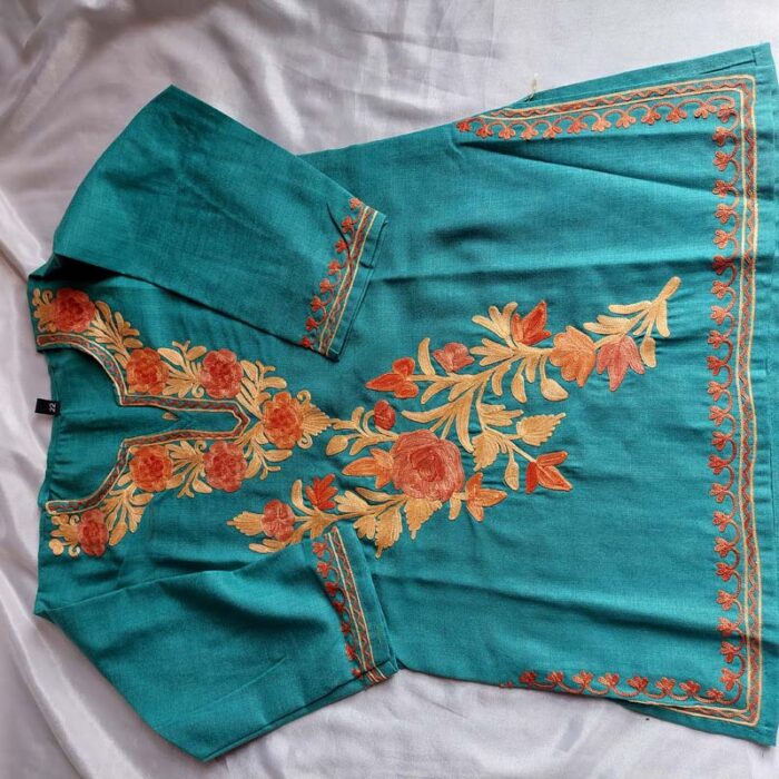 Green Fine Aari Work Kids Crush Cotton Kurta With Trousers (L 22) - Image 3
