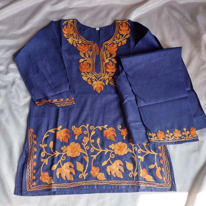 Dark Blue Aari Work Kids Crush Cotton Kurta With Trousers (L 22.5)