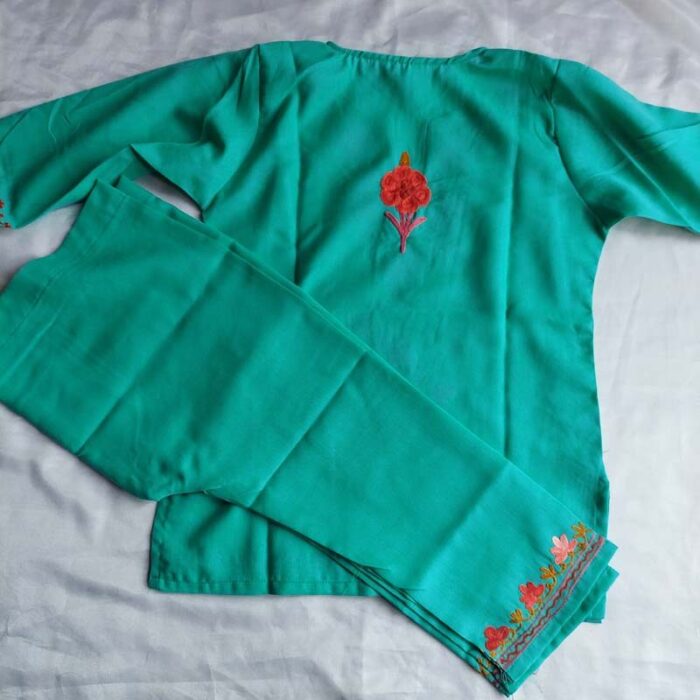 Light Green Aari Work Kids Summer Cool Cotton Kurta With Trousers (L 20) - Image 3